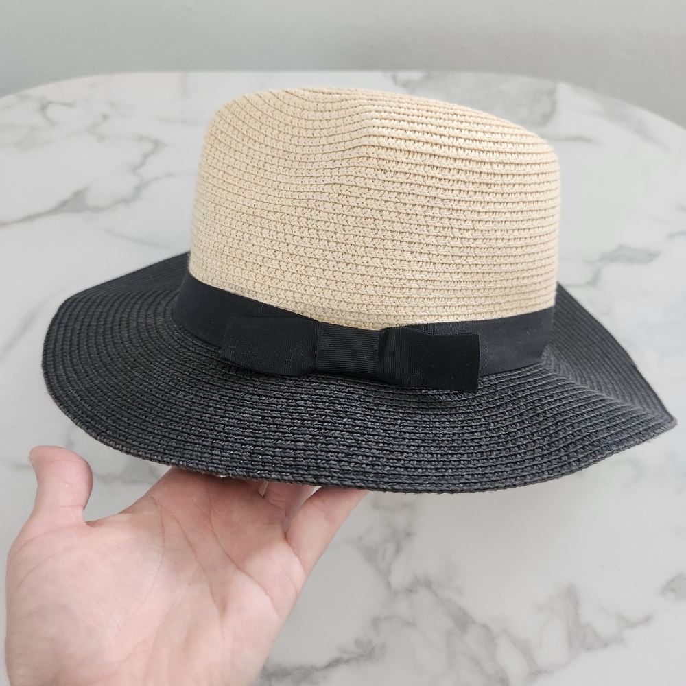 Two-Tone Black & Beige Synthetic Raffia With Ribbon Womens Hat - Picture 4 of 17